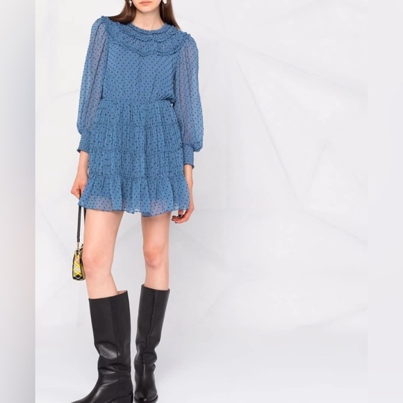 Sandro Paris Swiss Dot Ruffle Smocked Cuff Mini Dress - Picture 9 of 9